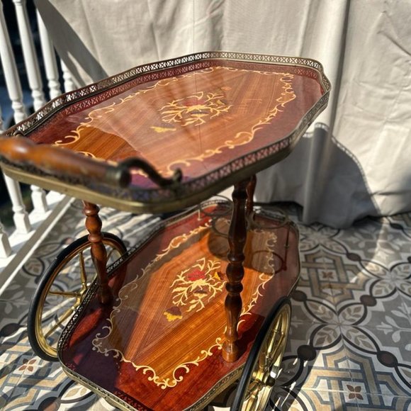 Bar Cocktail Tea Cart Trolley Beverage Italian 1950 Hollywood Regency Marquetry - Picture 7 of 9